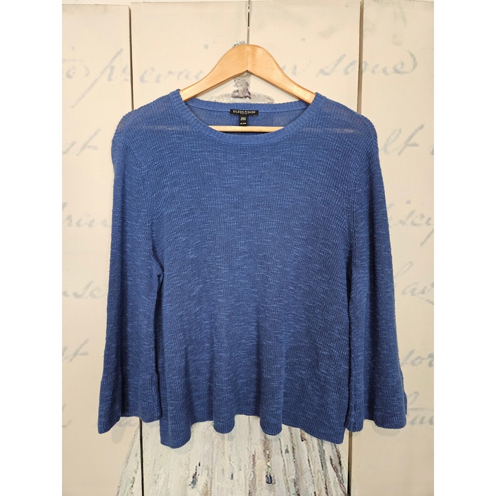 Eileen Fisher Sweater PL Blue Organic Linen Cotton Knit Bell Sleeve Relaxed Fit